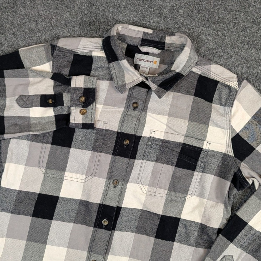 Carhartt Kids M 8/10 Flannel Shirt Grey Black Buffalo Plaid Button Down 104516